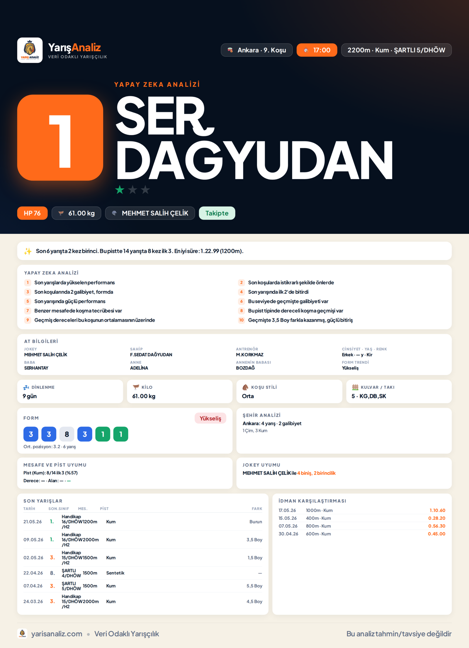SER DAĞYUDAN - Ankara 9. Koşu analizi