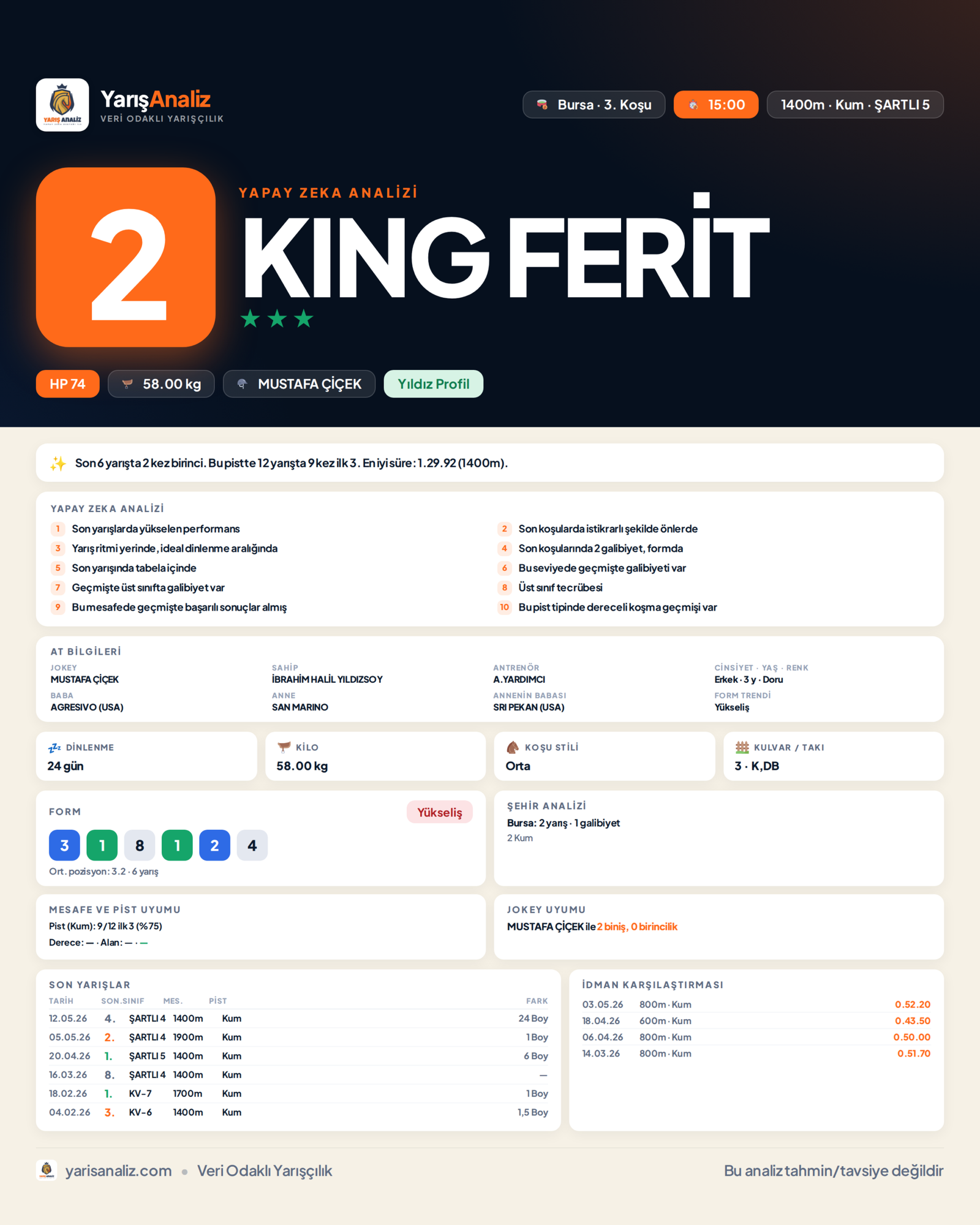 KING FERİT - Bursa 3. Koşu analizi