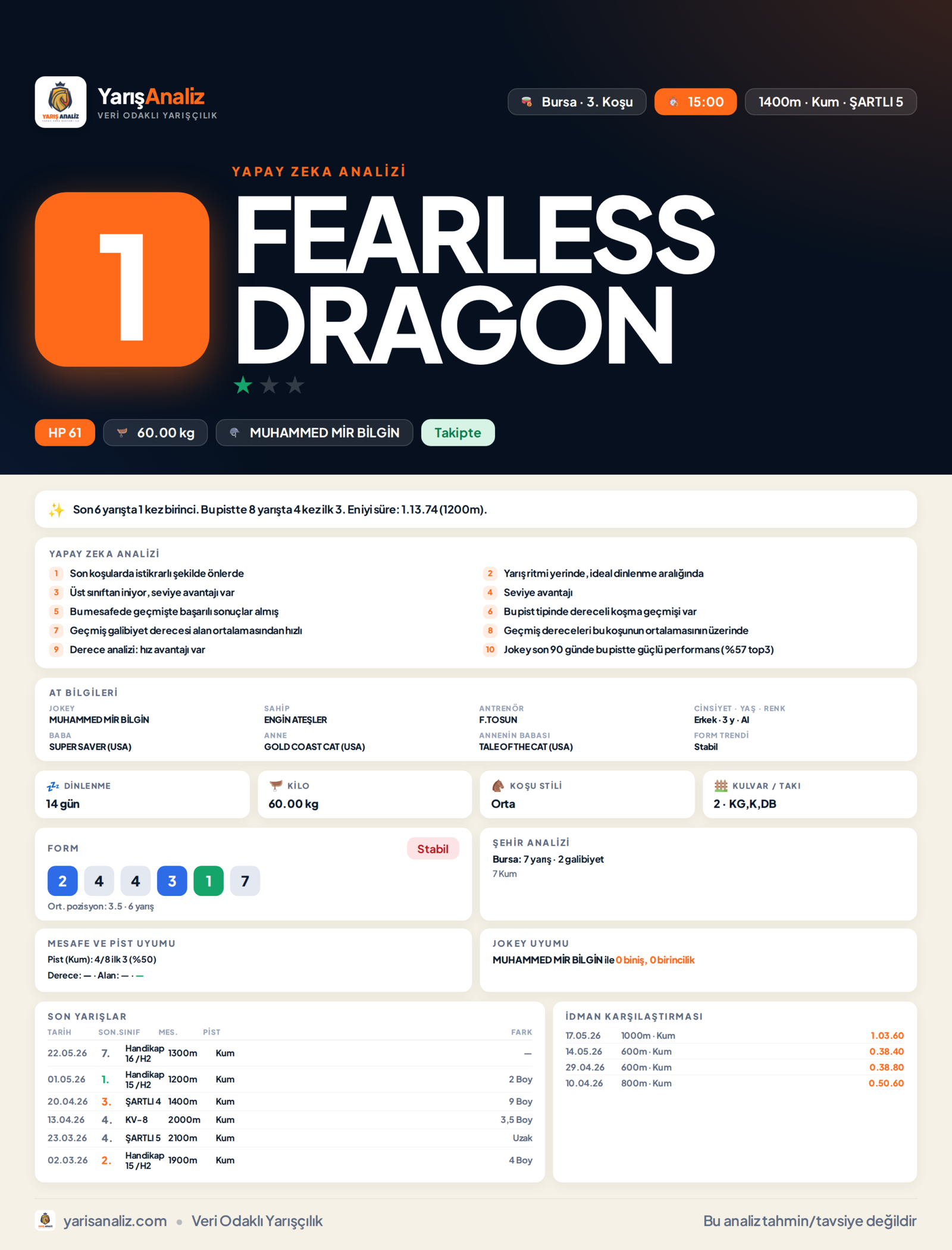 FEARLESS DRAGON - Bursa 3. Koşu analizi