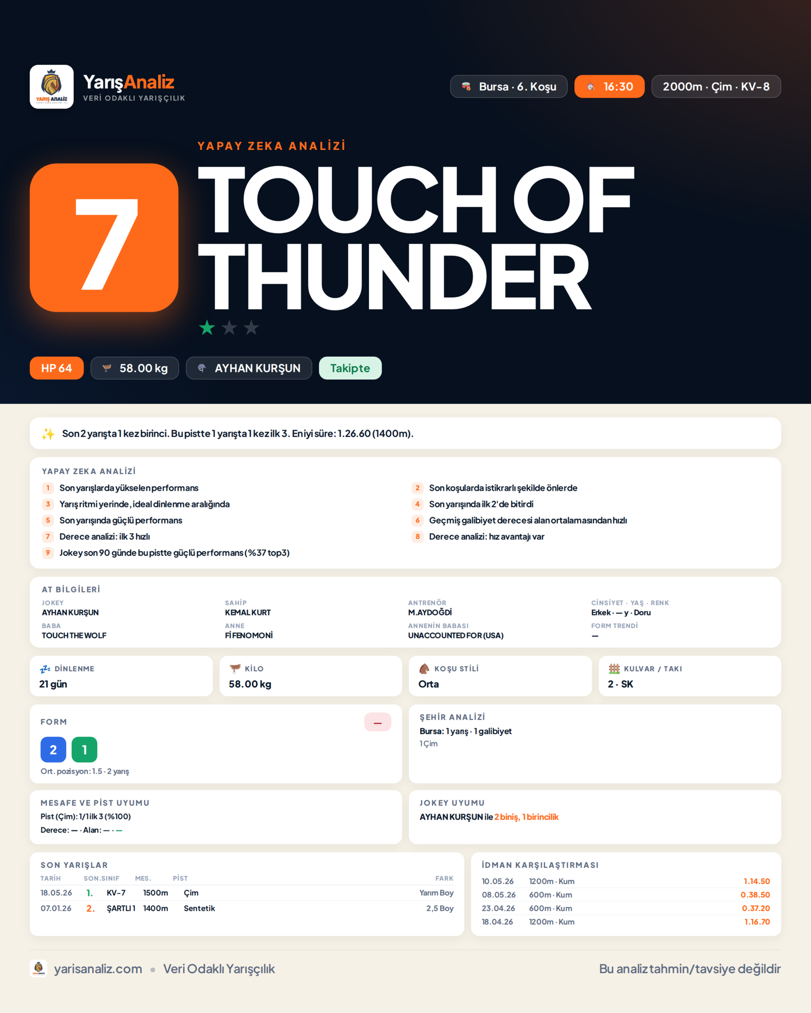 TOUCH OF THUNDER - Bursa 6. Koşu analizi