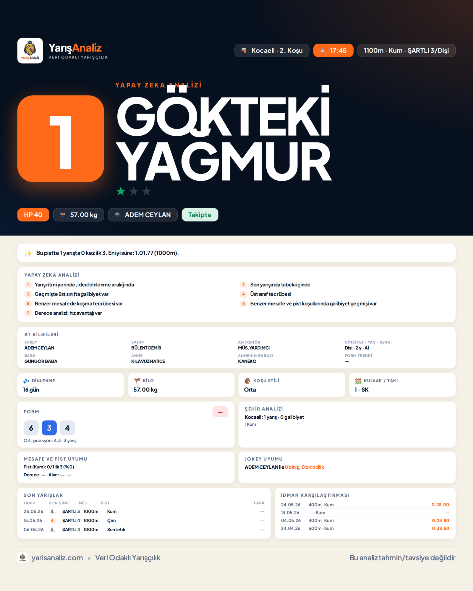 GÖKTEKİ YAĞMUR - Kocaeli 2. Koşu analizi