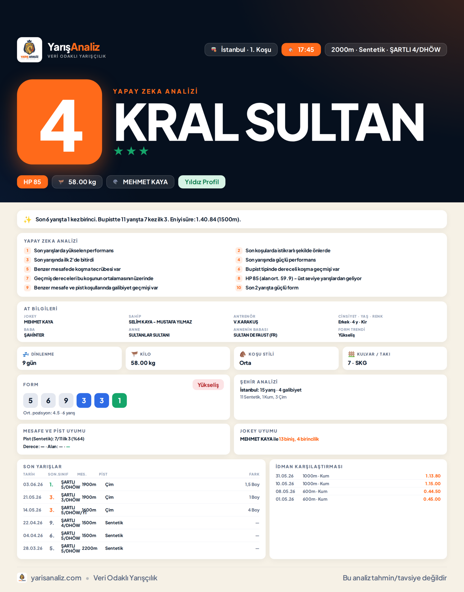 KRAL SULTAN - İstanbul 1. Koşu analizi