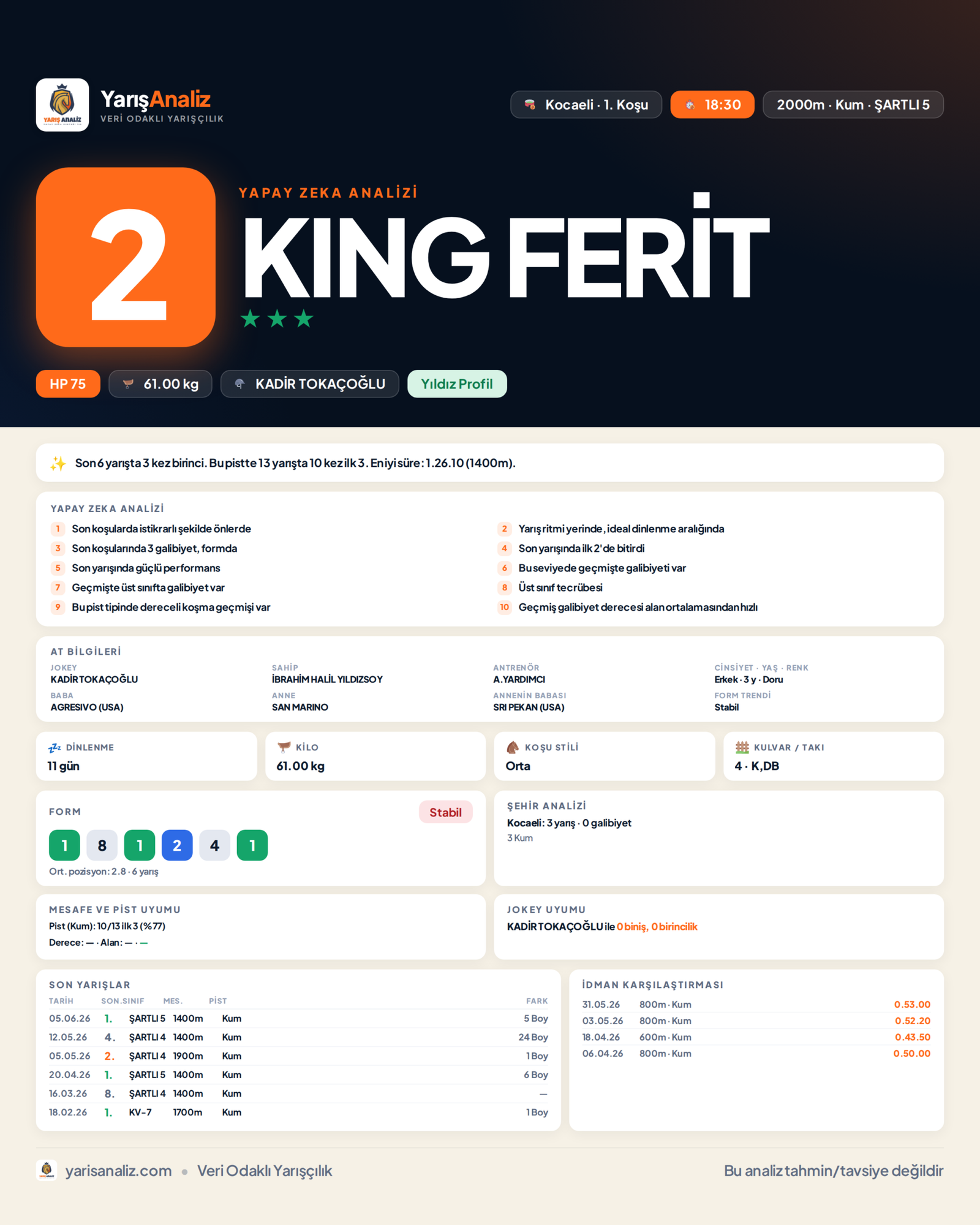 KING FERİT - Kocaeli 1. Koşu analizi