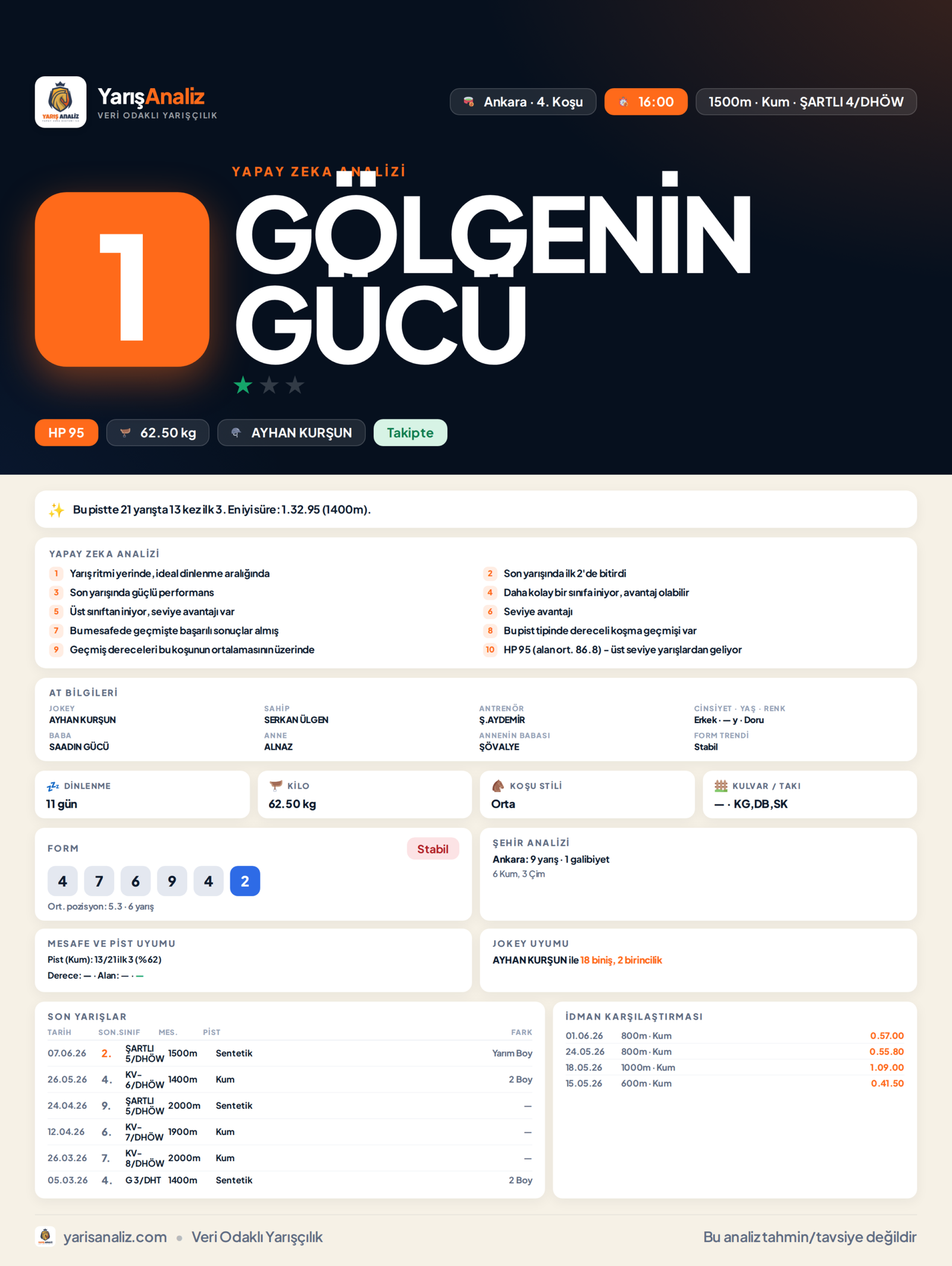 GÖLGENİN GÜCÜ - Ankara 4. Koşu analizi