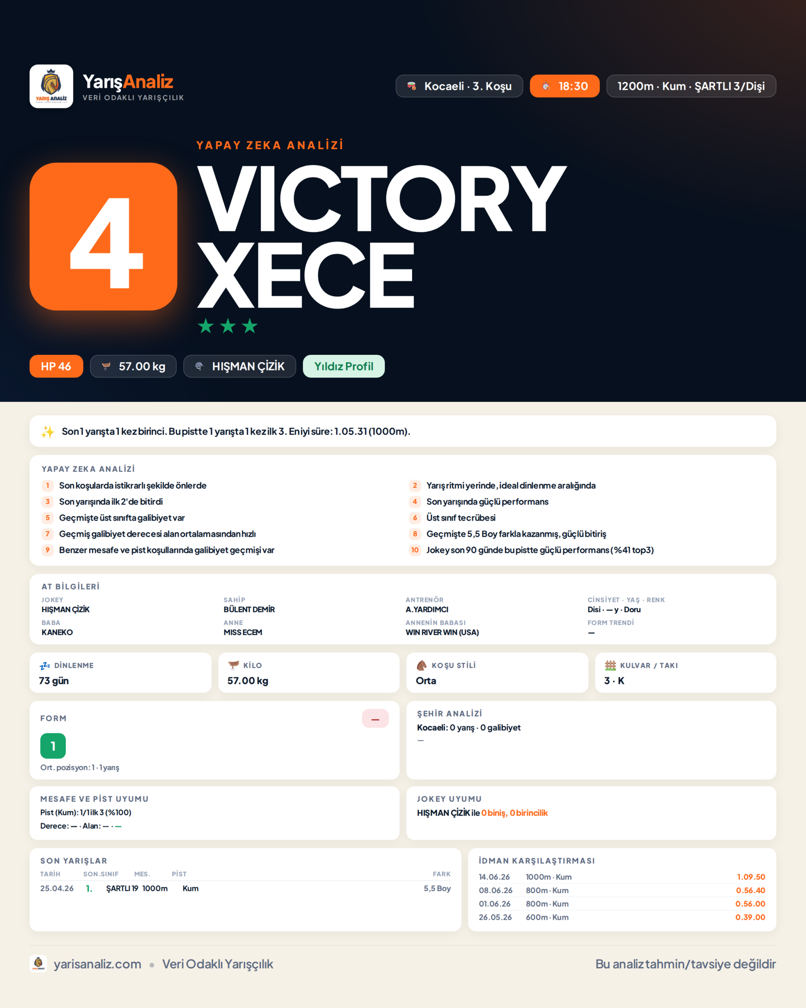 VICTORY XECE - Kocaeli 3. Koşu analizi